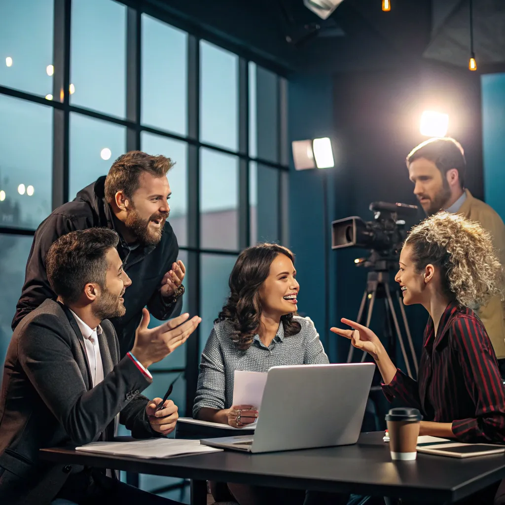 Team of journalists in a lively discussion